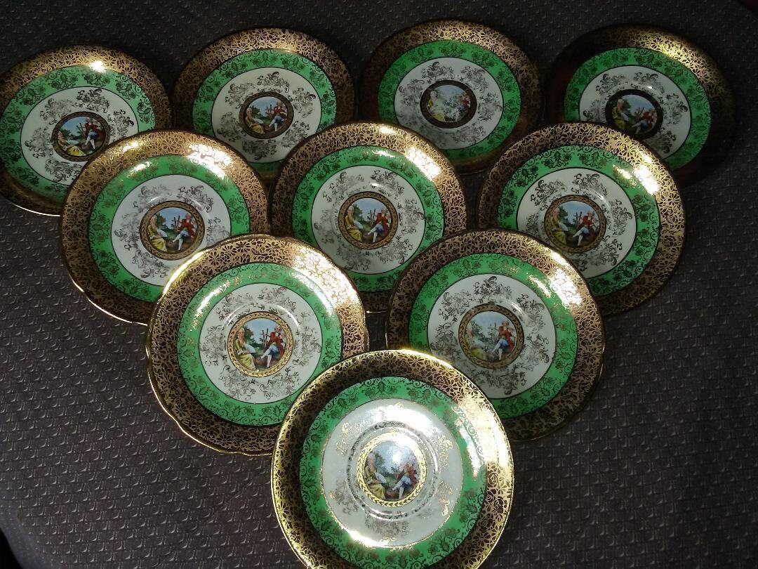 Le Mieux China Saucers Set Of 10 Gold Green Colonial Etsy