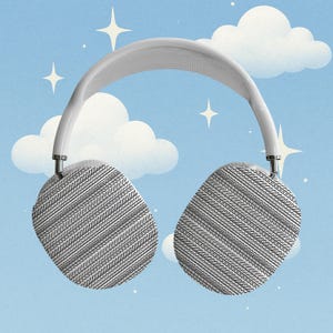May include: White over-ear headphones with a gray and black patterned ear cup design. The headphones have a white headband and silver accents. The background is a light blue sky with white clouds and stars.