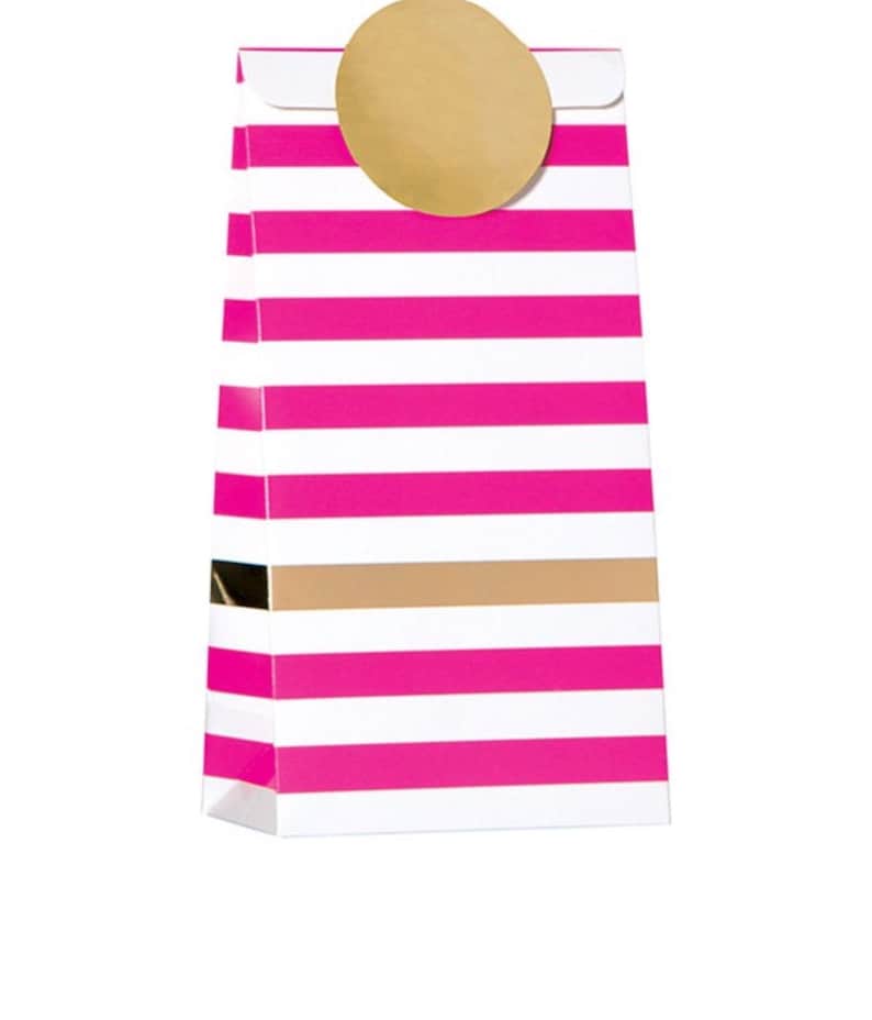Shower Treat Bags Treat Bags Gift Bag Wedding Pkg 6 Magenta Pink and White Stripe Bag with Gold Metallic Accent Bags Party Bags