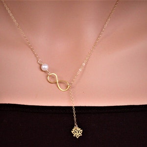 Colar de Lótus - Colar de Pérolas de Lótus Infinito Dourado - Laço de Lótus Infinito - Colar de Mãe Presente de Madrinha - Flor de Lótus em forma de oito