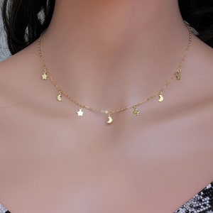 14k Gold Fill Moon and Star Choker: Celestial Necklace