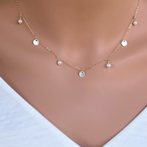 14k Gold Disc Necklace: Freshwater Pearl Charm, Minimalist Jewelry