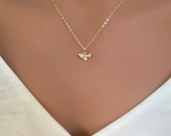 14k Solid Gold Bee Necklace: Dainty Honeybee Charm Pendant