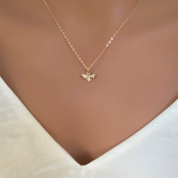 14k Solid Gold Bee Necklace, Small gold bee necklace with chain, All components onto 14k real gold, Tiny Honeybee Bumble Bee Charm Pendant