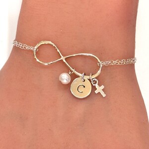 Infinity Bracelet, Personalized Cross Jewelry, Infinity Initial Bracelet Sterling Silver, Infinity Anklet, Dainty Bracelet with Cross.