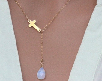 Cross Necklace, Sideways cross Necklace, Gold Opal cross necklace, Cross  necklace women, Protection necklace jewelry, Cross Lariat Necklace