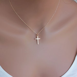 14k solid gold Cross necklace, Thick yellow Gold Cross Pendant necklace wt skinny chain, 14k Yellow Gold Cross Necklace 14k Cross jewelry image 3