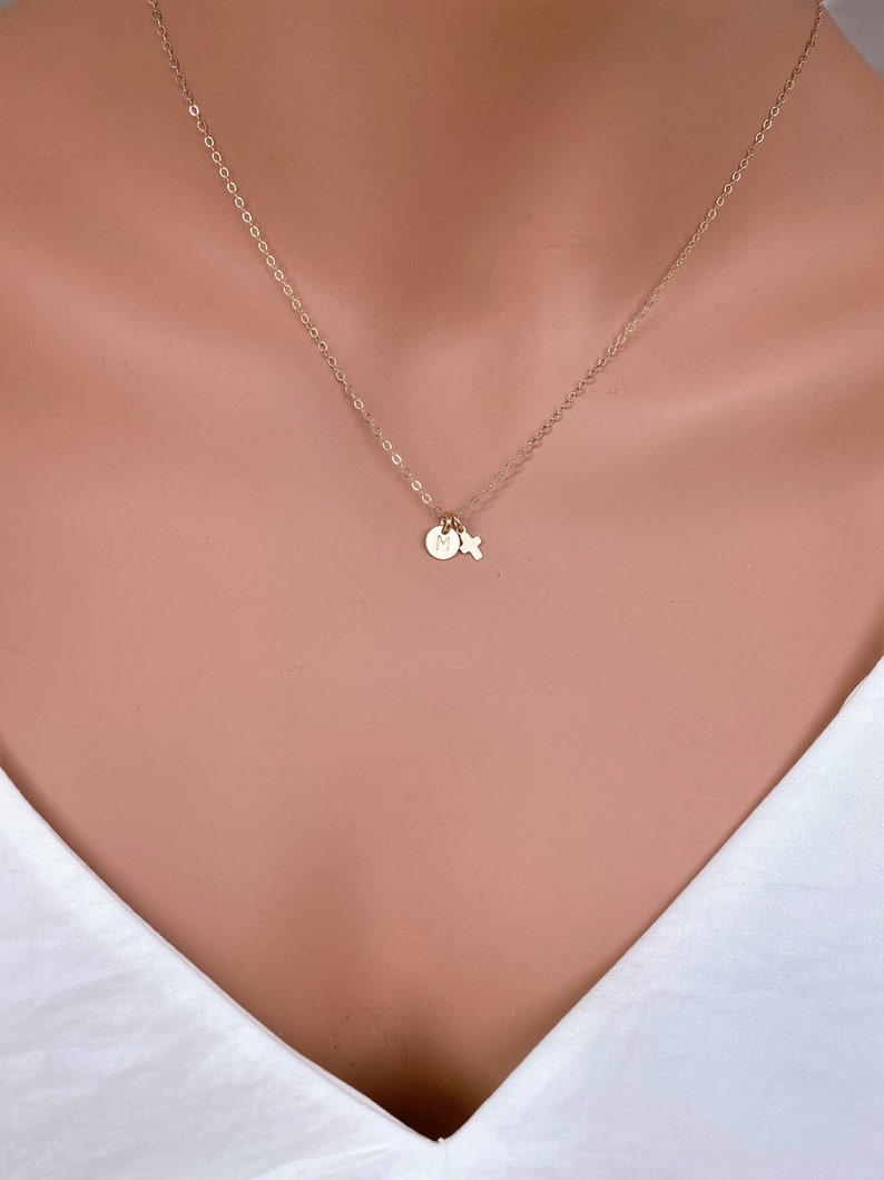 14k solid gold Tiny Initial and Tiny Cross, Super tiny initial with Cross, Solid Gold Chain, Tiny Gold Cross and Tiny Initial in 14k Gold image 1