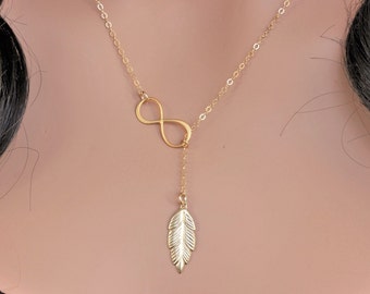 Feather Necklace, Gold Feather Necklace, Feather Y Necklace, Gold Infinity Lariat Necklace, Gold Feather choker, Necklace for women, Gifts