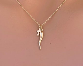 14k Solid Gold Cross and Small italian horn charm gold - 14K Gold Lucky Horn Cornicello Cross - Italian Horn with Cross Necklace in 14k Gold