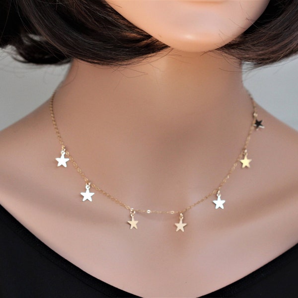 Star Necklace Gold, Gold star Choker, Celebrity Star Necklace, Star Necklace 14k Gold gill, Sterling Silver-Trendy Choker, Drop necklace