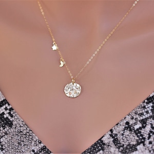 18k Gold Fill Zodiac Coin Necklace: Celestial Star Moon Pendant