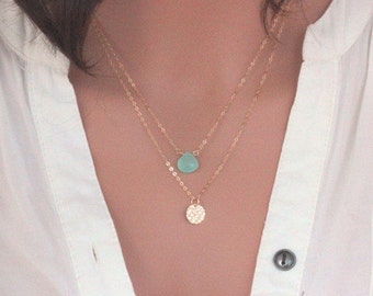 Double Layered Necklace - Gold Layered Necklace - Birthstone Layered Necklace - Two Layered Necklace - Gemstone Layered Necklace - layering