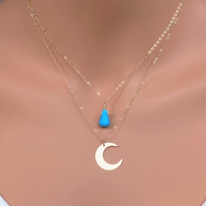 Mothers day gift idea, Mothers day jewelry, Moon Necklace, Crescent moon, Turquoise Blue and  moon layered necklace,Vacation Movie Christina