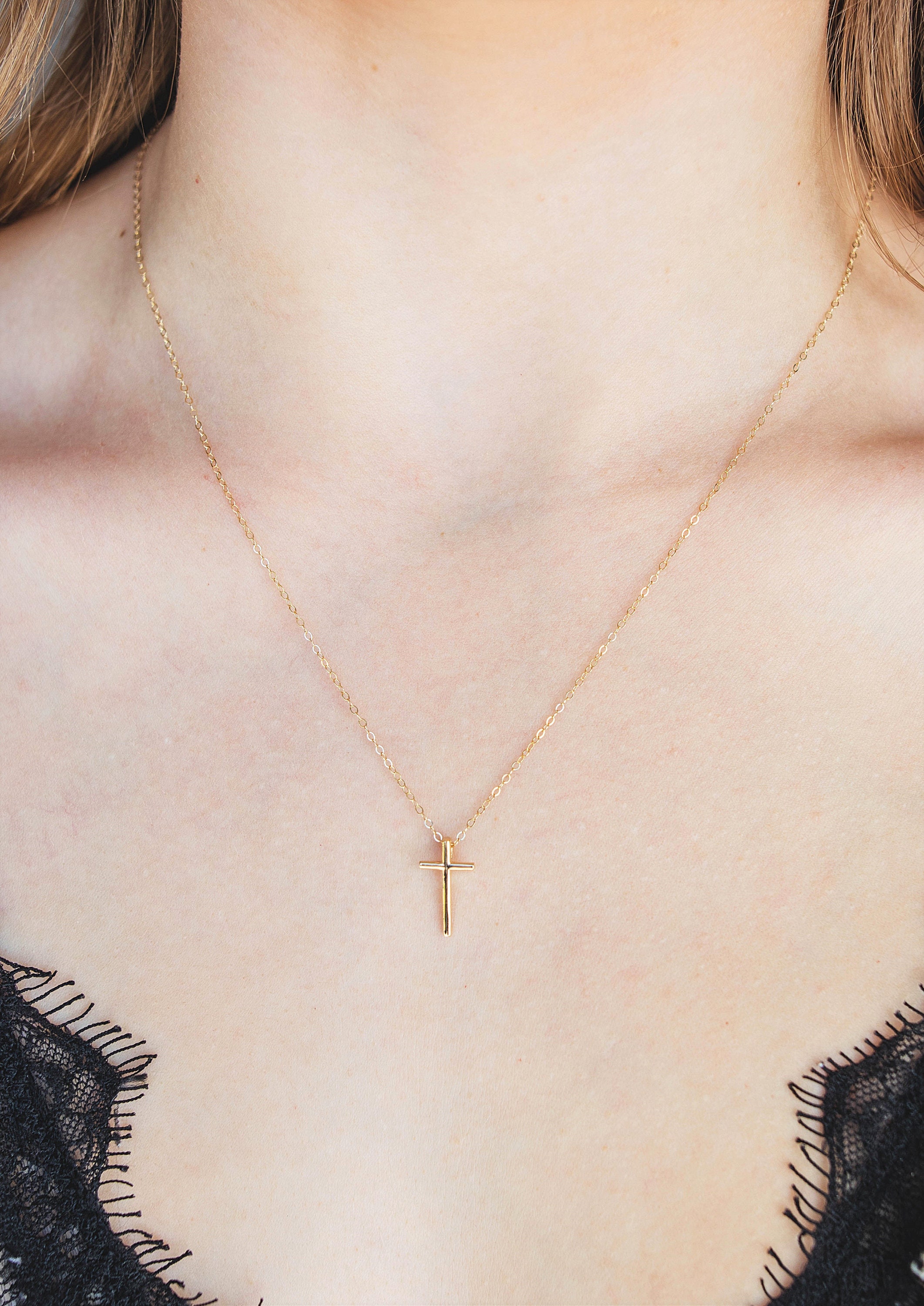 Small Gold Cross Necklace Little Solid 14k Gold Cross Necklace