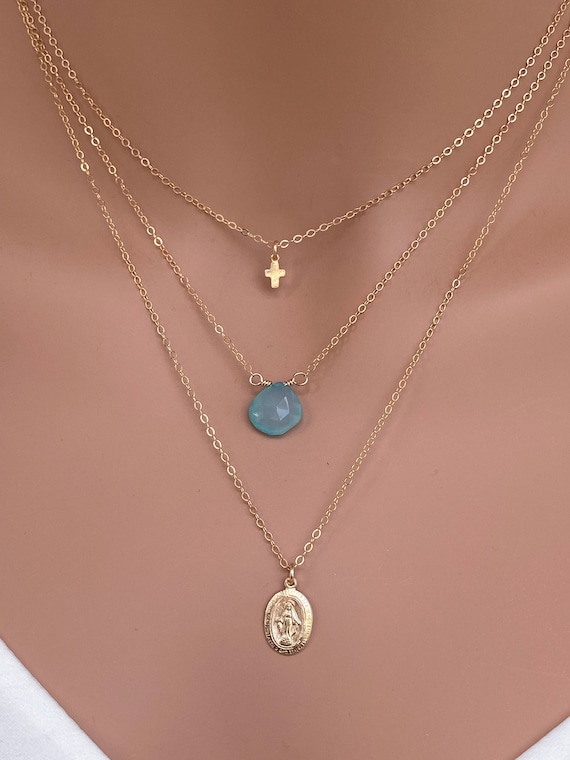 Gold Filled Layered Necklace Set: Cross, Birthstone, Miraculous
