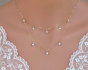 Tiny Diamond Necklace - Dainty Dangle Cubic Zirconia - 14k Gold Filled - Layered CZ Dangle - Tow layered dangle Necklace - Double layered