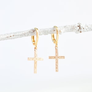 14k Gold Cross Earrings - Dangling Cross Earrings For Women And Men - Yellow Gold Cross Hoop Earrings -Religious jewelry - Mens/Womens Cross