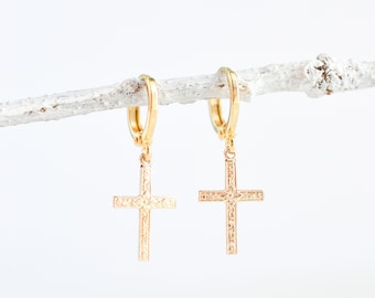 14k Gold Cross Earrings - Dangling Cross Earrings For Women And Men - Yellow Gold Cross Hoop Earrings -Religious jewelry - Mens/Womens Cross