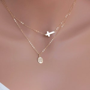 Cross layered necklace set, Gold Virgin Mary Cross 14k Gold Filled , Holy Faith Cross Mother Gift, Sister Gift, Layered Jewelry, layered