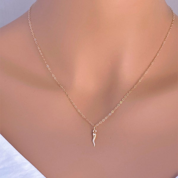 Tiny 14k solid gold Italian Horn - Tiny 14k Yellow Gold  Italian Horn only Pendant or wt chain- Horn Pendant hollow- Cornicello Horn Charm