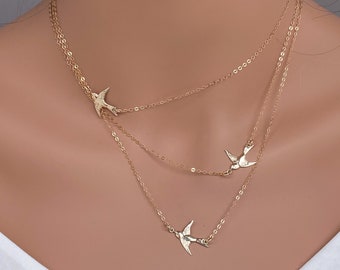 layered necklace set - Flying Bird In 14k gold fill / Sterling silver - Jewelry Gift - Mothers Day Gift - Gift idea for morhter day - bird