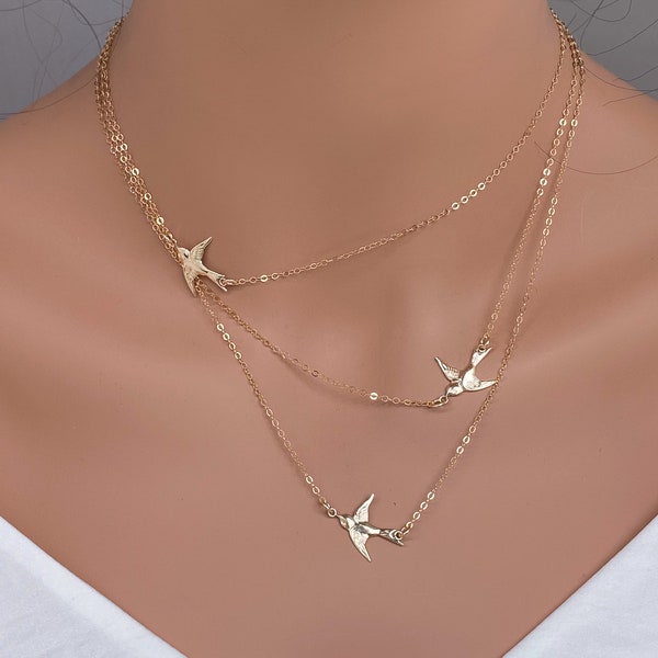 layered necklace set - Flying Bird In 14k gold fill / Sterling silver - Jewelry Gift - Mothers Day Gift - Gift idea for morhter day - bird