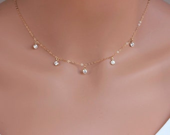 Tiny Diamond Necklace - Dainty Dangle Cubic Zirconia Necklace - 14k Gold Filled Cubic Zirconia - Dainty CZ Choker - Gold Diamond Choker