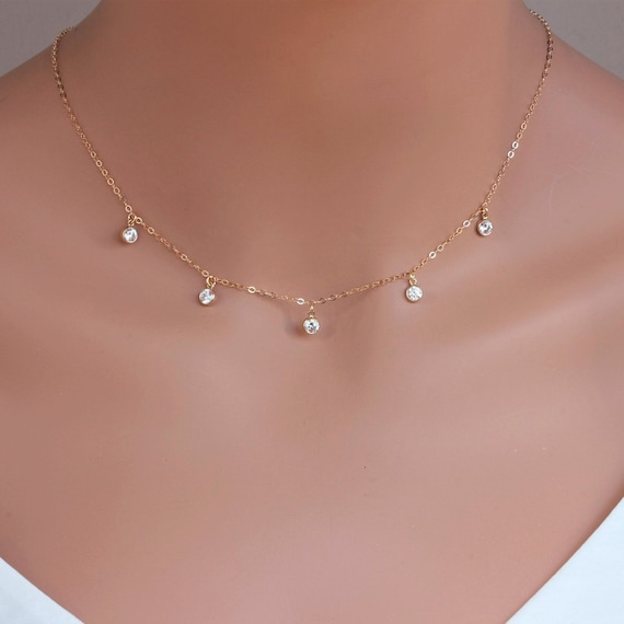 Tiny Diamond Necklace Dainty Dangle Cubic Zirconia Necklace 14k