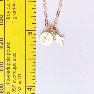 14k solid gold Tiny Initial and Tiny Cross, Super tiny initial with Cross, Solid Gold Chain, Tiny Gold Cross and Tiny Initial in 14k Gold image 2