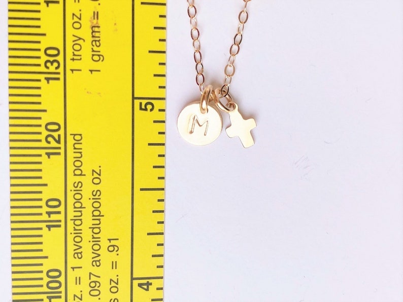 14k solid gold Tiny Initial and Tiny Cross, Super tiny initial with Cross, Solid Gold Chain, Tiny Gold Cross and Tiny Initial in 14k Gold image 2