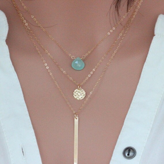[WOOALONG]ACC★Gradation layering necklace Layered Gold Fill or Sterling Silver Necklace, Aqua Drop