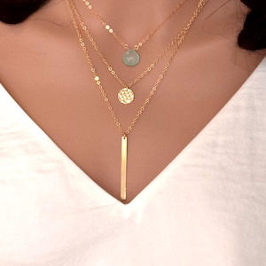 14k Gold Fill Layered Necklace Set: Birthstone, Disc, Bar Pendants