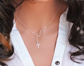 First Communion Gifts - Adult Baptism Gift - 1st Communion Gifts - Goddaughter Gift- Infinity cz cross lariat necklace - Teen baptism gift -