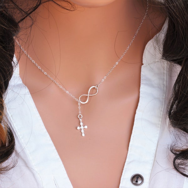 First Communion Gifts - Adult Baptism Gift - 1st Communion Gifts - Goddaughter Gift- Infinity cz cross lariat necklace - Teen baptism gift -