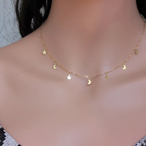 Moon and Star Necklace - Star and Moon Necklace Gold - Gold Tiny moon star nekclace - Star Moon Choker-Layerd necklace-Moon and star choker