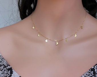 Dainty 14k Gold Fill Moon and Star Necklace