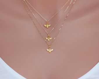 14k Solid Gold Tiny Bee Necklace with 14k Gold Rope chain or Cable chain or Box chain- 14k yellow gold Bee charm or necklace - Bee Pendent