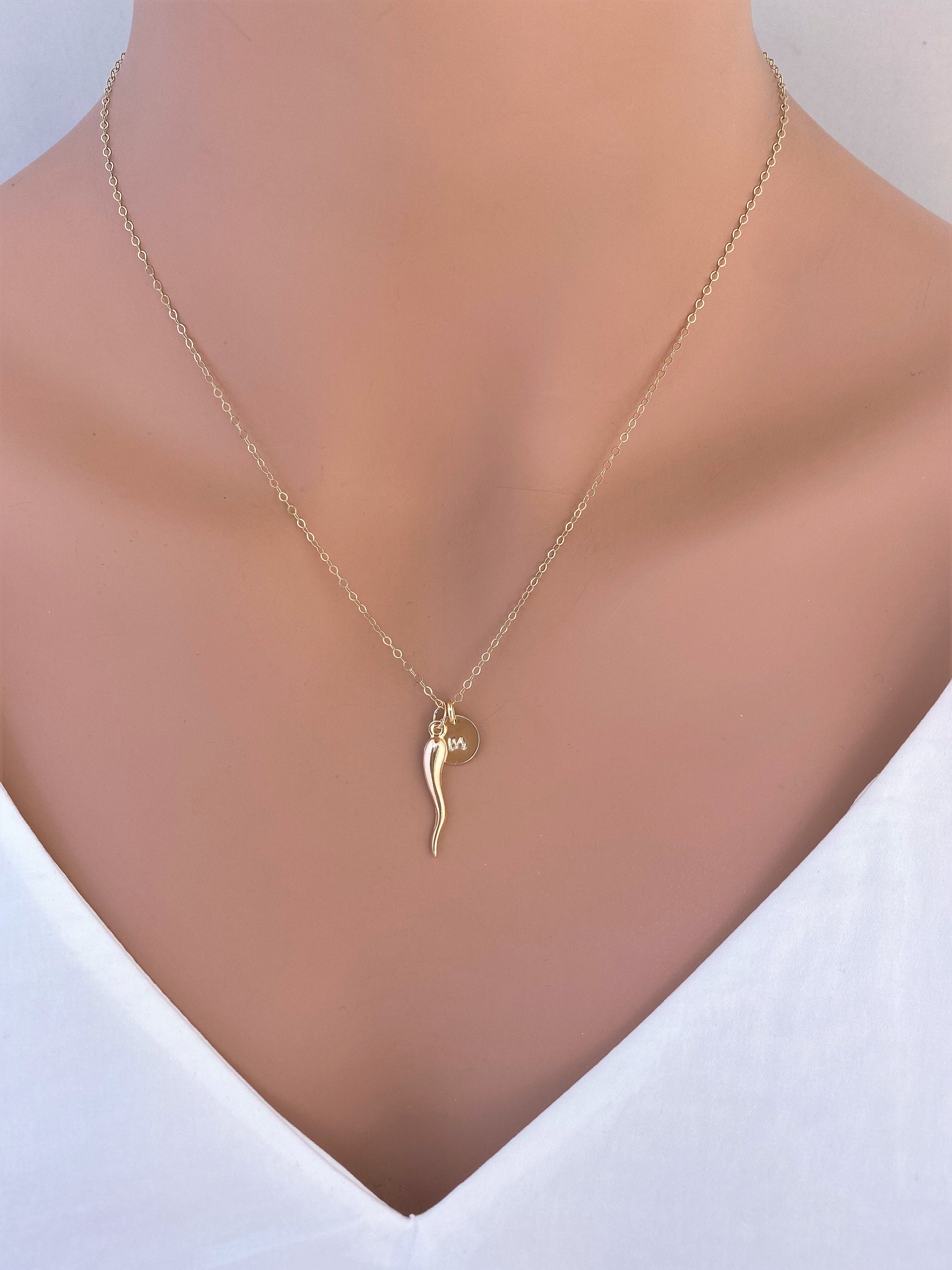 Personalized 14k Solid Gold Italian Horn Necklace: Cornetto Cornicello Initial Charm
