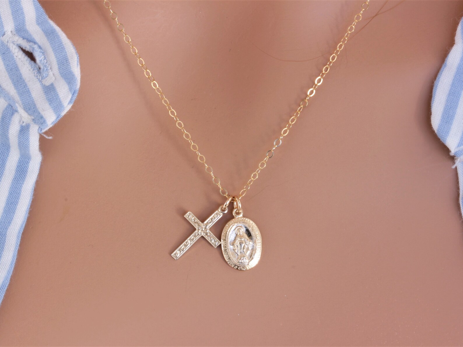 Cross and Virgin Mary Necklace Virgin Mary Necklace Gold Etsy