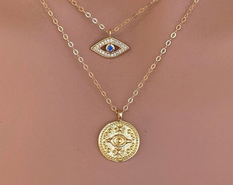 Gold Coin evil eye necklace - Evil eye pendent - Gold fill evil eye necklace - Layered necklace set -Evil eye layered necklace set for women