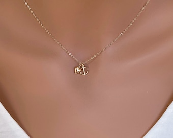 Gold  Anchor Necklace - Tiny 14k solid Gold Anchor Heart Necklace - Heart and Anchor in 14k Gold Pendent- Faith Hope - Love - navy wife gift