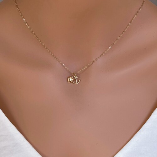 Gold Anchor Necklace Tiny 14k Solid Gold Anchor Heart Etsy
