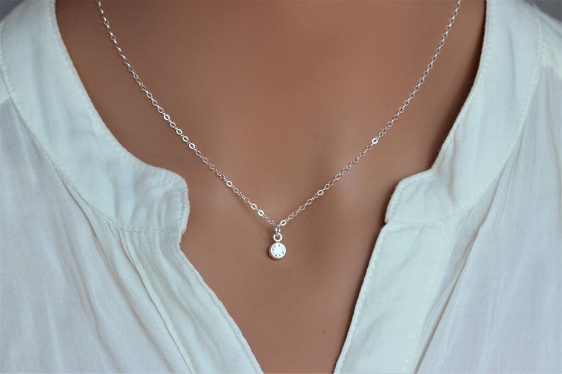 Tiny CA dot dangle Silver Cz necklace Round solitaire CZ bezel charm Sparkling CZ diamond-April Birthstone Cubic zirconia necklace
