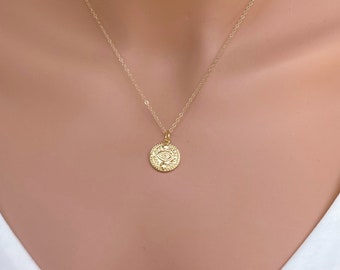 Gold filled evil eye coin necklace - Protection necklace for women - Evil eye pendent - Disc Necklace - Layering Necklaces - Protection