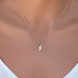 14k solid gold Angle wing tiny initial, Personalized Angle wing, Real Gold Tiny gold disc Angle wing Pendent, Guardian Angle Wing Necklace