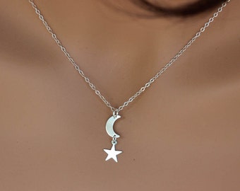 Moon Star Necklace - Sterling silver Moon and Star Necklace -  Sterling Silver / 14k Gold fill Star and Moon Necklace - Moon star  Necklace,