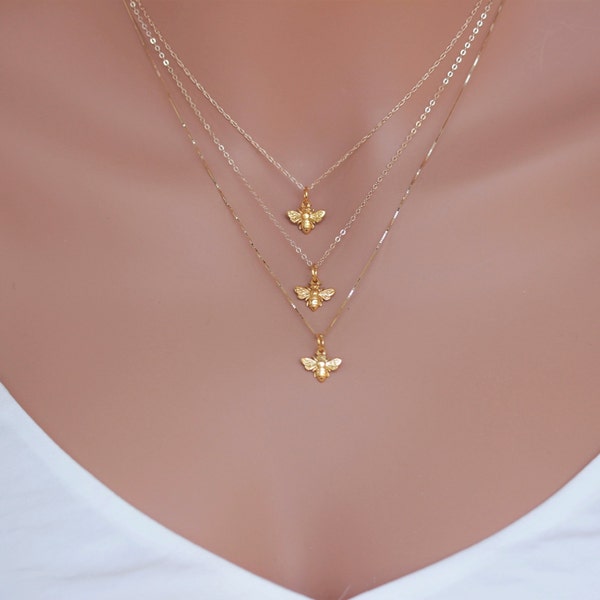 Tiny 14k Solid Gold Bee Necklace: Delicate Honeycomb Charm