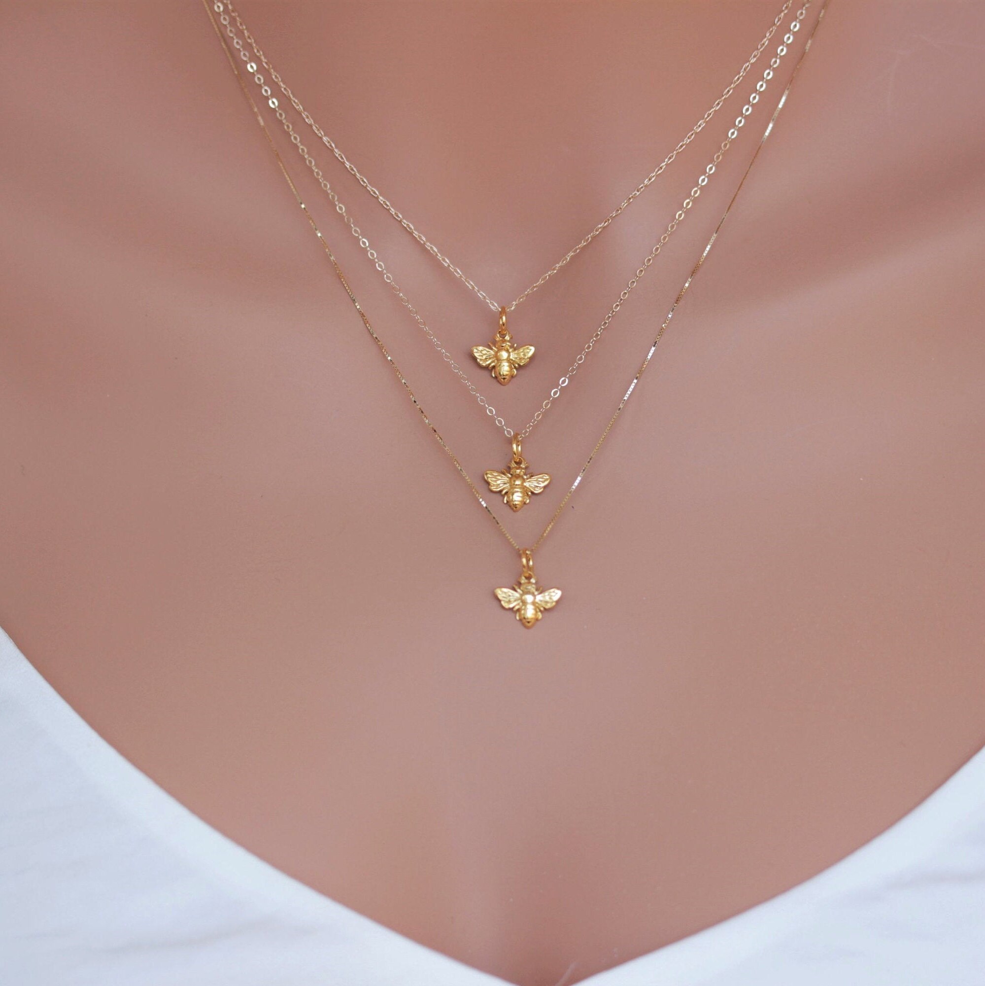 14k Solid Gold Bee Necklace Small Gold Bee Necklace With Chain