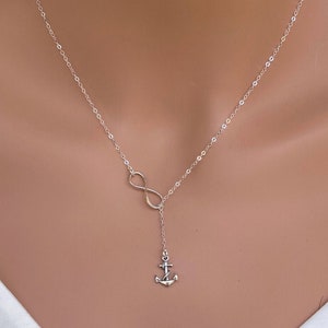 Sterling Silver  Sideways Infinity & Anchor Necklace Bridesmaids - Silver Anchor and Infinity Lariat. Navy Mom Necklace - US Navy Jewelry